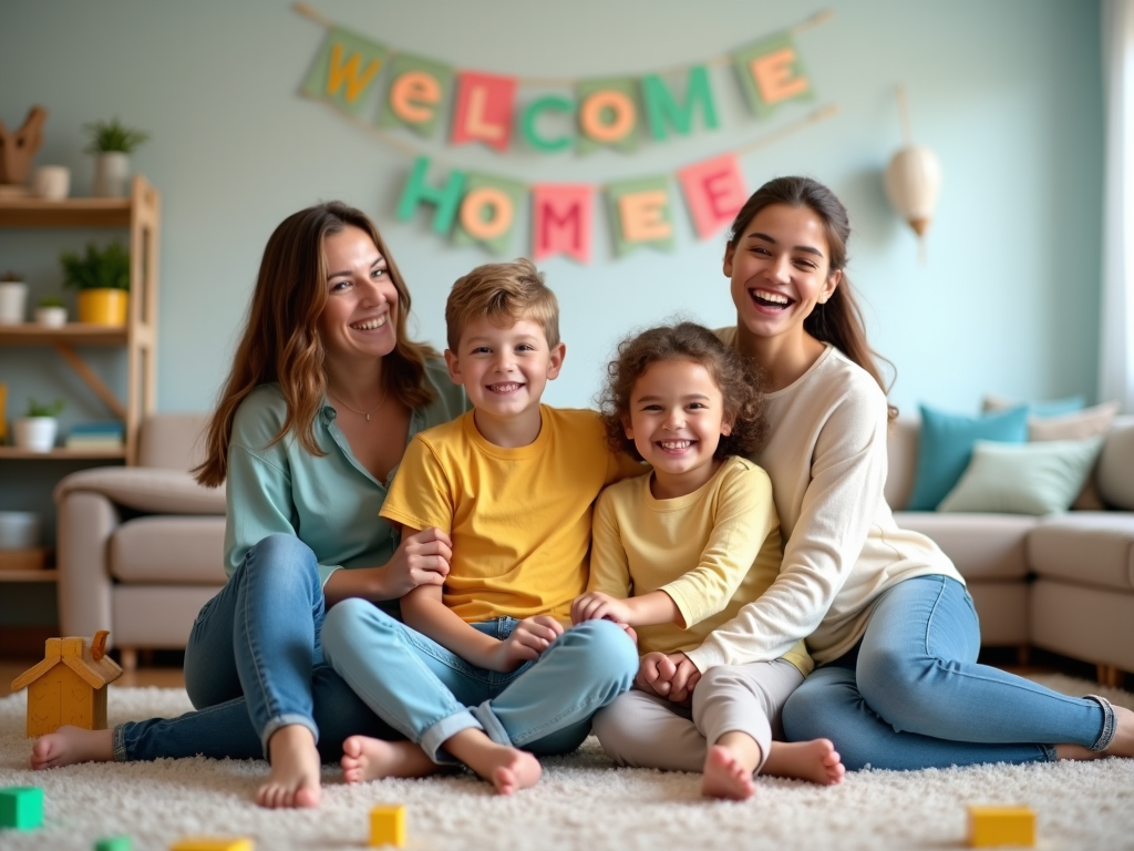 Счастливая семья сидит на полу в гостиной с баннером "Welcome Home".