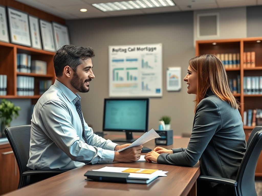 На встрече в офисе мужчина и женщина обсуждают документы и улыбаются друг другу. Ambient friendly atmosphere.