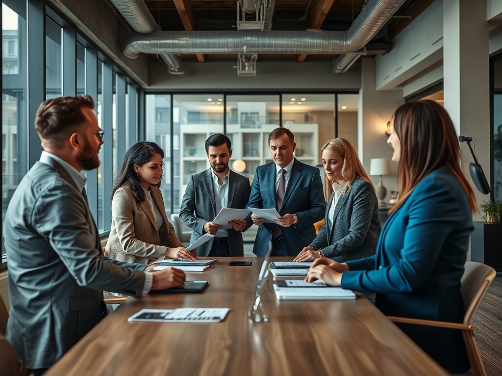 Группа людей обсуждает документы на деловой встрече в современном офисе с большими окнами.