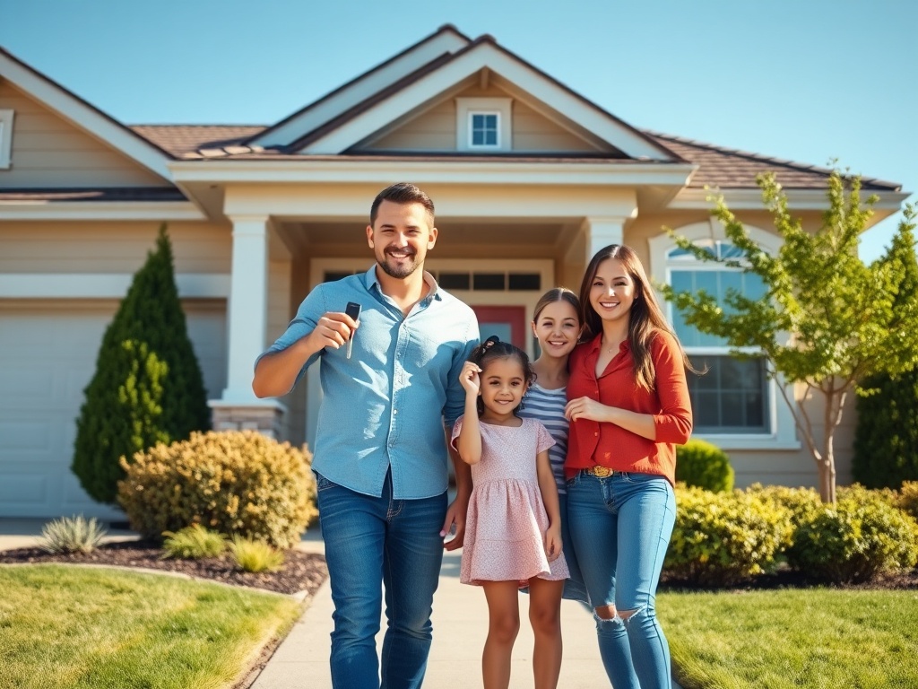 Счастливая семья из четырёх человек стоит рядом с домом на фоне зелёного двора и ясного неба.