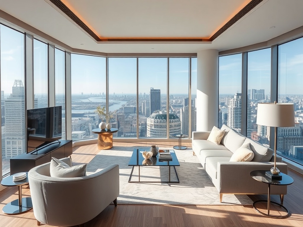 Современная гостиная с большими окнами и видом на город, оформленная в светлых тонах.