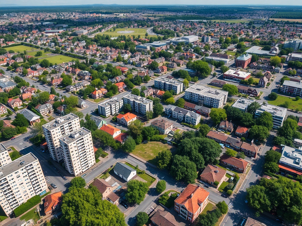 С высоты птичьего полета вид на жилые кварталы с домами и зелеными насаждениями. Ясный день.