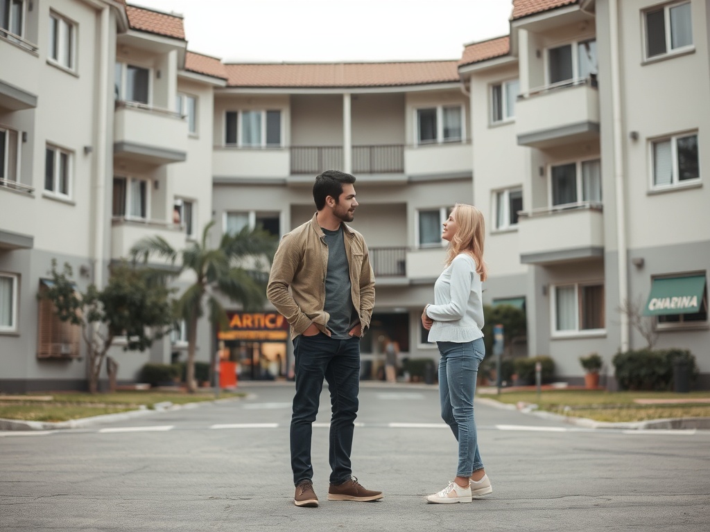 На улице стоят мужчина и женщина, разговаривают друг с другом на фоне многоквартирных домов.