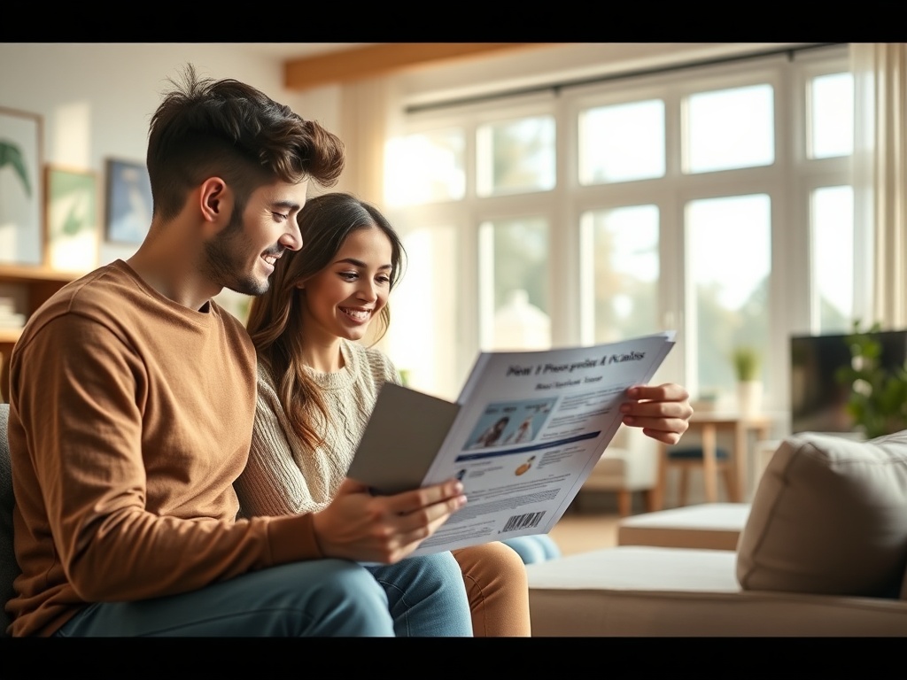 Молодая пара читает журнал на диване в уютной обстановке с большим окном и мягким светом.