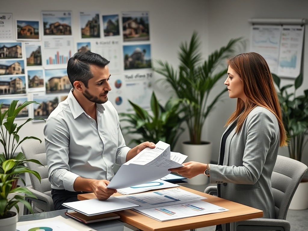 Два человека обсуждают документы в офисе, окруженные растениями и графиками на стенах.