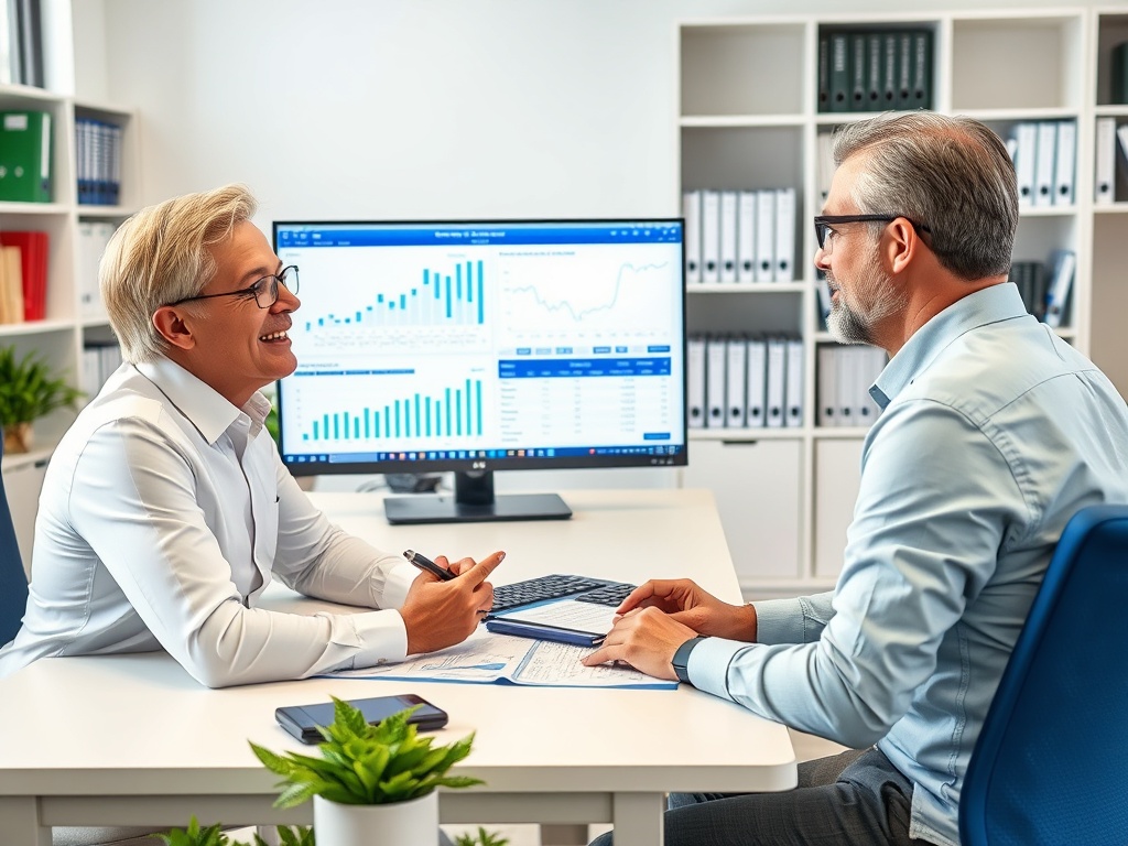 Два человека обсуждают данные в офисе, рядом с компьютером с графиками и таблицами.