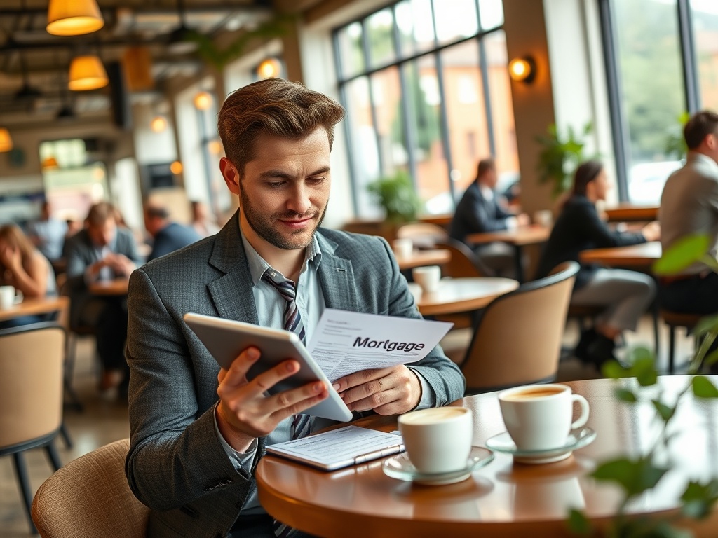 Мужчина в деловом костюме читает документы с надписью «Ипотека» в кафе с чашками кофе на столе.