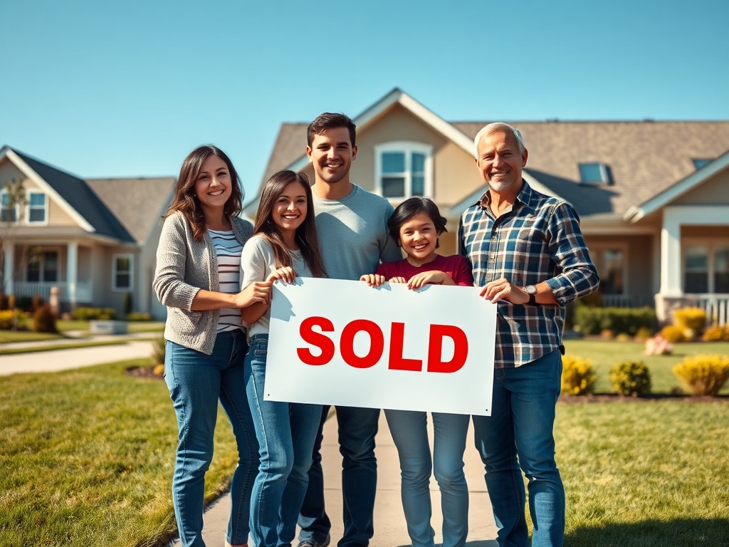 Семья стоит перед домом с табличкой "ПРОДАНО", радостно улыбаются на фоне солнечного неба.