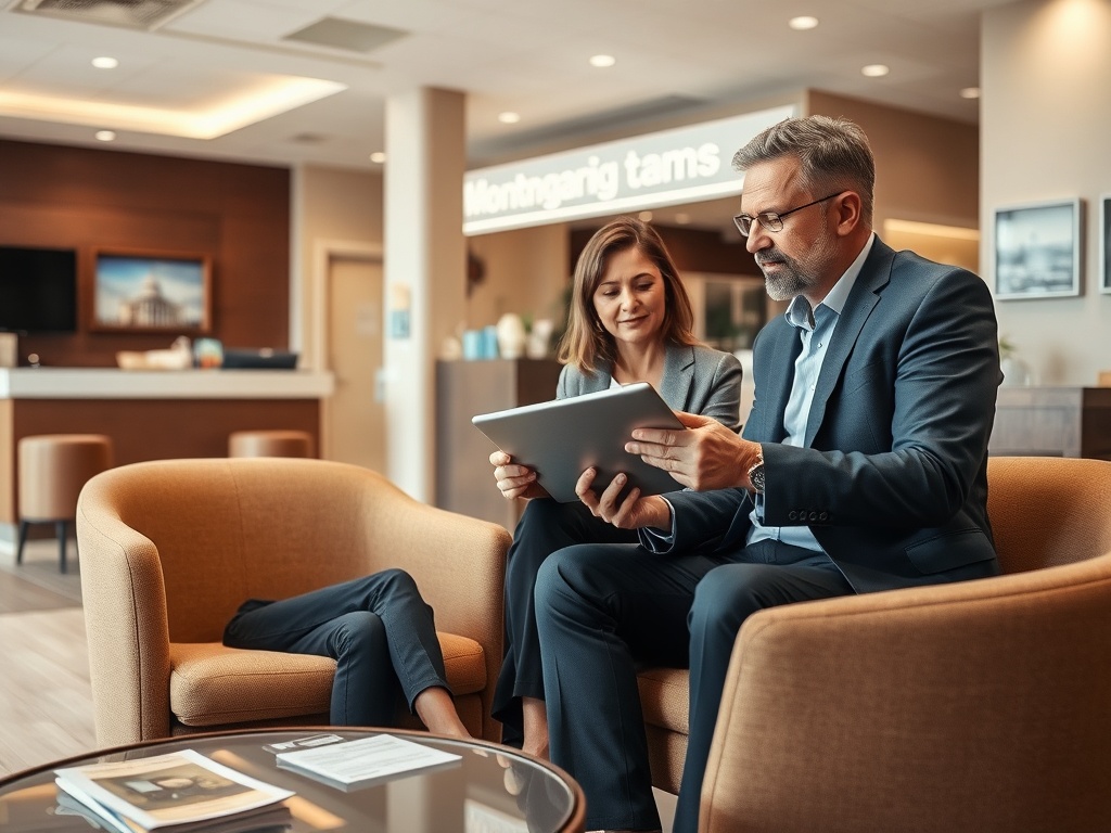 Два человека в деловых костюмах обсуждают информацию на планшете в современном офисном пространстве.