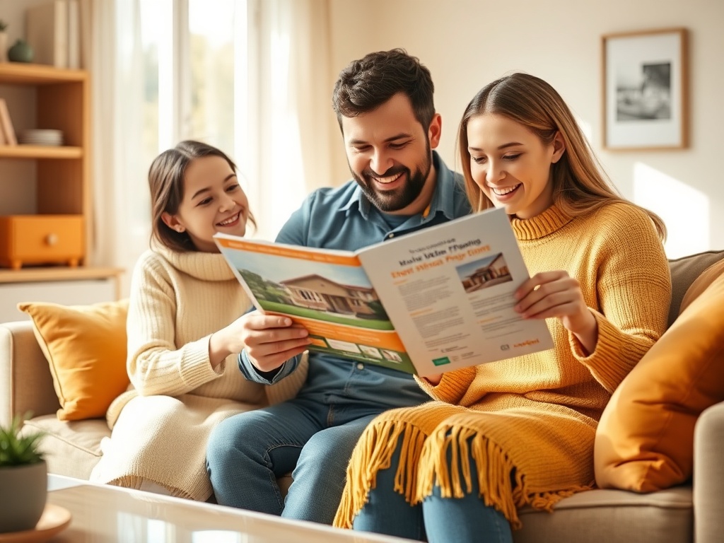 Трое друзей с интересом просматривают каталог на диване в светлом помещении.